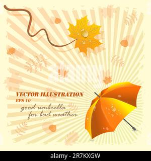 Ombrello e foglia d'acero con gocce. Illustrazione vettoriale. Illustrazione Vettoriale
