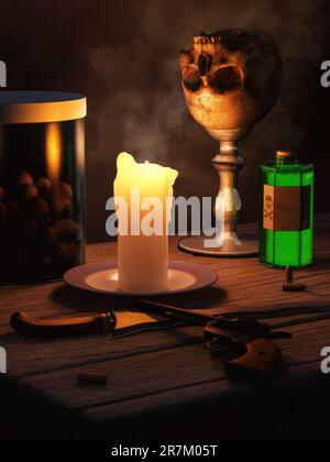 Su un tavolo di legno, una candela bianca illumina una sinister still life. Tra gli oggetti c'è un vaso pieno di palline, una tazza fatta di cranio, e molto altro. Foto Stock