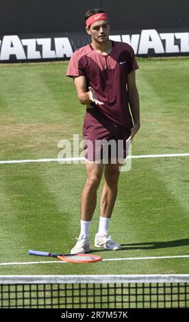 Stoccarda, Germania. 16th giugno, 2023. Tennis: ATP Tour - Stuttgart, Singles, Men, Quarterfinals. Fucsovics (Ungheria) - Fritz (USA). Taylor Fritz reagisce. Credit: Marijan Murat/dpa/Alamy Live News Foto Stock