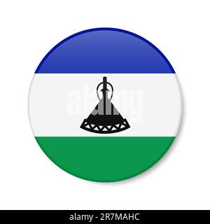 Icona del pulsante cerchio del Lesotho. Bandiera con badge a forma di round del Regno del Lesotho con ombra. 3D rappresentazione realistica del vettore isolato su bianco. Illustrazione Vettoriale