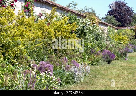 Panorama del confine erbaceo nei terreni di Houghton Lodge, Houghton, Test Valley, Hampshire, Inghilterra, REGNO UNITO Foto Stock