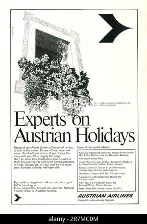 Spot delle compagnie aeree austriache su una rivista Natgeo,1972 Foto Stock