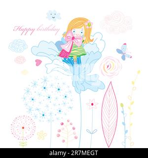 Biglietti di auguri per la ragazza e fiori su bianco Illustrazione Vettoriale