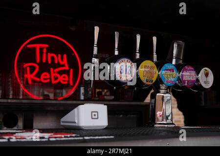 Tiny Rebel Beer Pumps presso lo Street Food Circus, Roath Yard, Cardiff Foto Stock