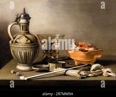 Still Life con caraffa in gres, Berkemeyer e utensili da fumo, Pieter Claesz, 1640, Indianapolis Museum of Art, Indianapolis, Indiana, USA, Nord A. Foto Stock