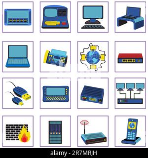 Set di illustrazioni di 16 diverse icone di rete in stile retrò. Illustrazione Vettoriale