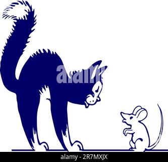 Gatto e topo che si guardano su bianco Illustrazione Vettoriale