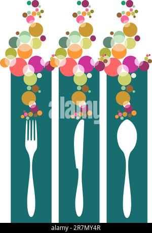 Icone delle posate. Forchetta, cucchiaio, sagome a coltello in striscioni con cerchi colorati su sfondo verde. Illustrazione vettoriale. Illustrazione Vettoriale