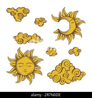 Sole esoterico Tarocchi, luna crescente e nuvole. Set di Tarocchi con simboli celesti dorati. Illustrazione vettoriale isolata su sfondo bianco Illustrazione Vettoriale