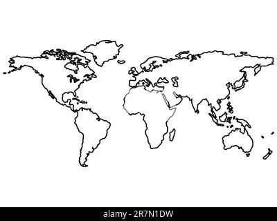 la mappa del mondo nero delinea i contorni isolati su illustrazioni in bianco astratto Illustrazione Vettoriale
