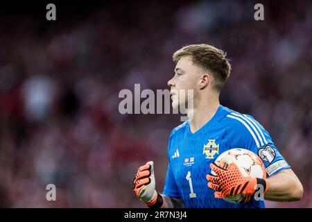 Copenaghen, Danimarca. 16th giugno, 2023. Il portiere Bailey Peacock-Farrell (1) dell'Irlanda del Nord visto durante la partita di qualificazione UEFA euro 2024 tra Danimarca e Irlanda del Nord a Parken a Copenaghen. (Photo Credit: Gonzales Photo/Alamy Live News Foto Stock