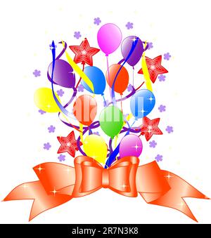sfondo di compleanno con arco, palloncini, nastri. illustrazione vettoriale Illustrazione Vettoriale
