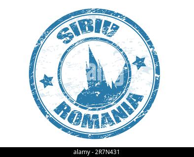 Francobollo in gomma grunge con la costruzione della torre gotica a forma di chiesa luterana e il testo sibiu romania scritto all'interno del francobollo Illustrazione Vettoriale