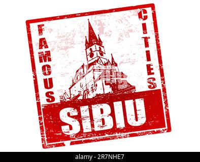 Francobollo in gomma grunge con la costruzione della torre gotica a forma di chiesa luterana e il testo Sibiu scritto all'interno del francobollo Illustrazione Vettoriale