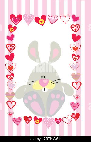 coniglio grigio e divertente con cuori su sfondo a righe Illustrazione Vettoriale