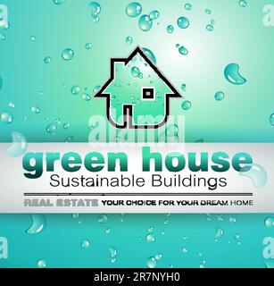Gocce d'acqua Green Real Estate sfondo per la pubblicità di biocase o edifici ecologici disponibili in vendita. L'ombra è trasparente. Illustrazione Vettoriale
