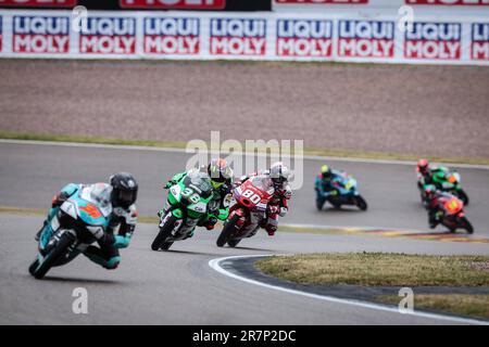 Hohenstein Ernsthal, Germania. 16th giugno, 2023. Prove libere davanti al MotoGP Liqui Moly Motorrad Grand Prix Deutschland sul circuito di Sachsenring. Giugno 16, 2023 in foto: Moto3 Entenamientos libres previos al Gran Premio Liqui Moly Motorrad de MotoGP de Alemania en el circuito de Sachsenring, 16 de Junio de 2023 POOL/ MotoGP.com/Cordon Stampa le immagini saranno solo per uso editoriale. Credito obbligatorio: © motogp.com Credit: CORDON PRESS/Alamy Live News Foto Stock