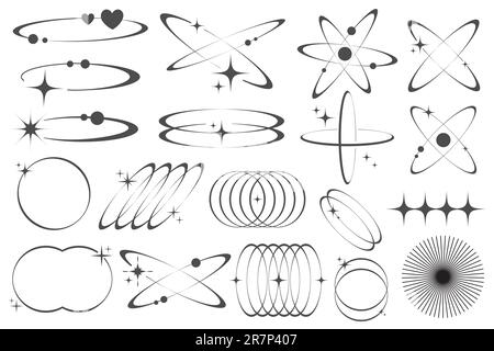 Forme estetiche con stelle. Forme vettoriali minime in linee con scintille. Collezione di boho geometrici astratte e moderne. Y2K set Illustrazione Vettoriale