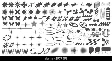 y2k elementi retrò. Forme astratte e simboli per il design futuristico. Icone geometriche groovy. Vector vintage impostato su sfondo bianco Illustrazione Vettoriale
