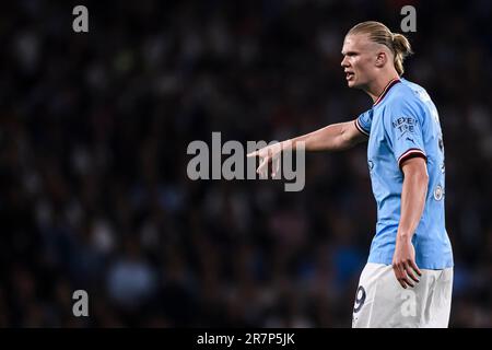 Istanbul, Turchia. 10 giugno 2023. Erling Haaland del Manchester City FC gesta durante la finale di UEFA Champions League tra il Manchester City FC e il FC Internazionale. Credit: Nicolò campo/Alamy Live News Foto Stock