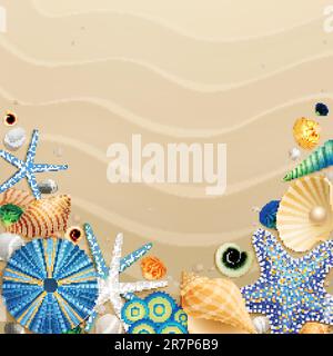 Shells and starfishes on sand background. Vector illustration. Stock Vector