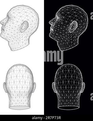 Set di due viste a reticolo di una testa umana ad angolazioni diverse su sfondo bianco e nero. Illustrazione vettoriale Illustrazione Vettoriale