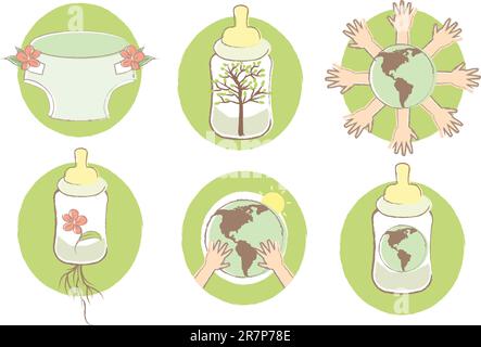 Un set di illustrazioni per bambini con un tema ecologico. Illustrazione Vettoriale