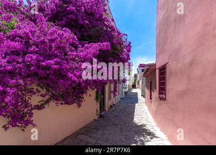 Grecia, quartiere storico di Plaka e Anafiotika ad Atene con ristoranti vicino Acropoli. Foto Stock