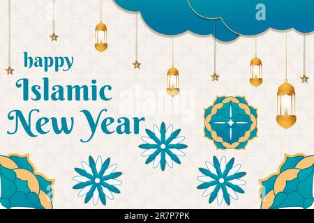 Gradiente islamico nuovo anno banner orizzontale con lanterne, stelle e ornamento islamico Illustrazione Vettoriale