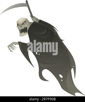 mietitore vettoriale Grim. Morte spaventoso personaggio di Halloween con falce. Illustrazione Vettoriale