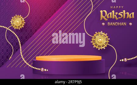 3D tappa a podio rotonda per Happy Raksha Bandhan, il tradizionale festival indiano con elementi Rakhi e cristallo su sfondo colorato Illustrazione Vettoriale