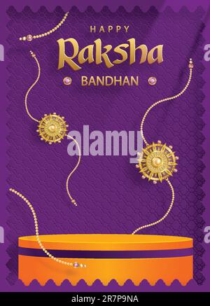 3D tappa a podio rotonda per Happy Raksha Bandhan, il tradizionale festival indiano con elementi Rakhi e cristallo su sfondo colorato Illustrazione Vettoriale
