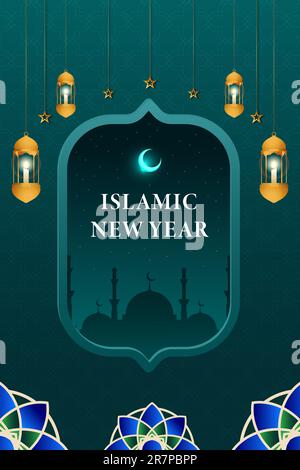 Vettore gradiente banner verticale di nuovo anno islamico con lanterne, stelle e ornamento islamico Illustrazione Vettoriale
