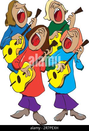 Quattro cantanti con chitarre organizzano quartetto musicale. Illustrazione vettoriale di un formato EPS. Illustrazione Vettoriale