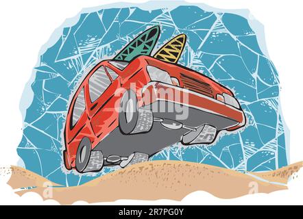 auto rossa che va in spiaggia con due tavole da surf Illustrazione Vettoriale