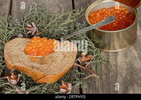 un pezzo di pane nero con caviale rosso si trova su un tavolo di legno in cucina Foto Stock