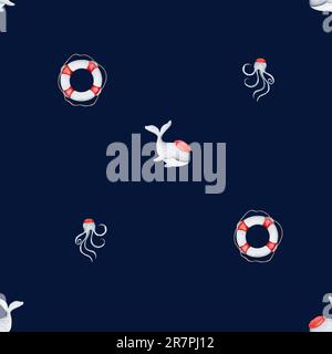 motivo acquerello in stile marino su sfondo blu scuro. simpatico modello infantile con personaggi marini, balena, polpo, lifboa. per bambini Foto Stock