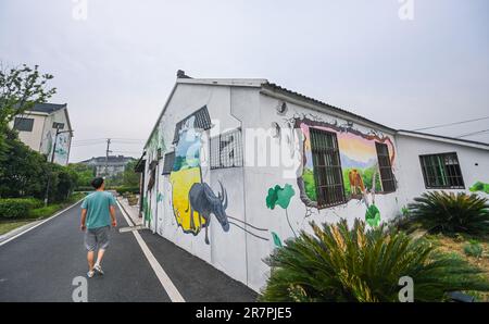 Huzhou. 16th giugno, 2023. Questa foto scattata il 16 giugno 2023 mostra una vista del villaggio di Quanyi nella città di Donglin, Huzhou, nella provincia di Zhejiang nella Cina orientale. Con il Green Rural Revival Program di Zhejiang, Donglin Town si è concentrata sulla costruzione di una splendida campagna basata sulle sue risorse culturali e naturali, facendo ogni sforzo per raggiungere uno sviluppo verde e sostenibile, mantenendo al contempo i guadagni economici. Credit: Xu Yu/Xinhua/Alamy Live News Foto Stock