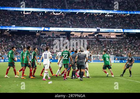 USA e Messico scuffano durante una partita semifinale della CONCACACAF Nations League, giovedì 15 giugno 2023, all'Allegiant Stadium, A Las Vegas, Nevada. Gli Stati Uniti sconfiggono Foto Stock