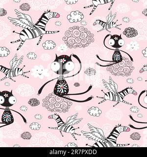 modello senza cuciture con gatti neri e divertenti zebre volanti su sfondo rosa con nuvole Illustrazione Vettoriale