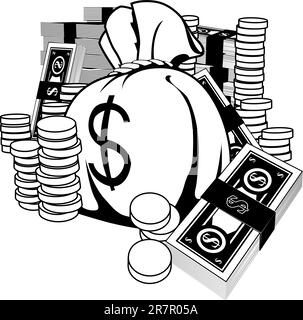 Illustrazione monocromatica di denaro sotto forma di contanti e monete d'oro, con grande sacco di denaro. Illustrazione Vettoriale