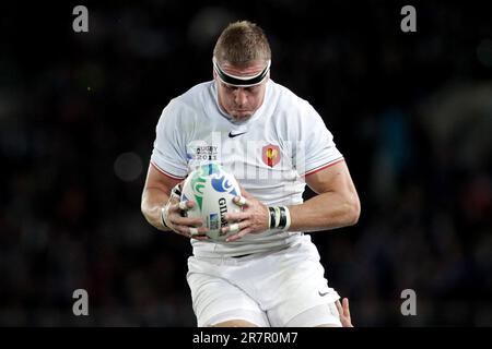 Imanol Harinordoqul, francese, vince una line out giocando contro la Nuova Zelanda nella finale di Rugby World Cup all'Eden Park di Auckland, Nuova Zelanda, domenica 23 ottobre. 2011. Foto Stock