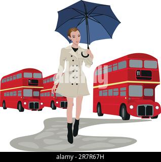 Illustrazione degli autobus di Londra e di una donna con ombrello Illustrazione Vettoriale