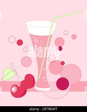 Vetro con drink e ciliegia su uno sfondo rosa Illustrazione Vettoriale