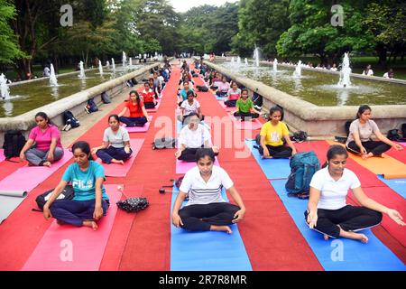 Colombo, Sri Lanka. 17th giugno, 2023. La gente esegue lo yoga per celebrare la prossima Giornata Internazionale dello Yoga, che cade il 21 giugno, a Colombo, Sri Lanka, 17 giugno 2023. Credit: Gayan Sameera/Xinhua/Alamy Live News Foto Stock