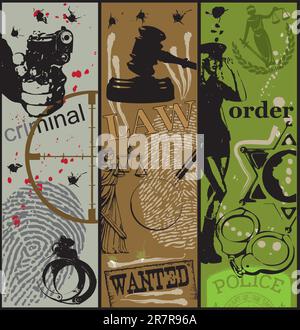 Poster sul tema del crimine, della legge e dell'ordine utilizzando i simboli appropriati. Illustrazione Vettoriale