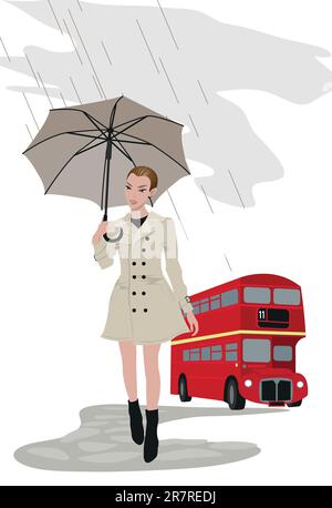 Illustrazione degli autobus di Londra e di una donna con ombrello Illustrazione Vettoriale