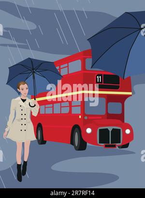 Illustrazione degli autobus di Londra e di una donna con ombrello Illustrazione Vettoriale