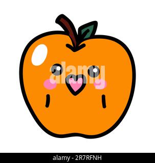Carino kawaii mela arancione. Divertente vettore di frutta. Illustrazione Vettoriale