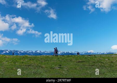 Port Angeles, Washington, USA-luglio 2022; persone che camminano vicino all'Hurricane Ridge Visitor Center con vista panoramica sull'area montuosa innevata di Olympic Foto Stock